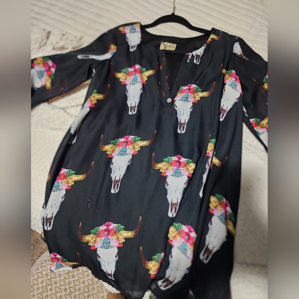 Show Me Your Mumu Womens Jamie Tunic Dress Size S Longhorn Steer Black Floral